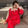Long Sleeve Ice Silk Solid Color Pajamas Women's Suit High Embroidered Flower Home Clothes Autumn Pajamas