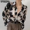 Women's Turn-down Collar Long Sleeve Retro Printed Chic Shirts Spring Autumn Loose Casual Versatile Buttons Bluoses