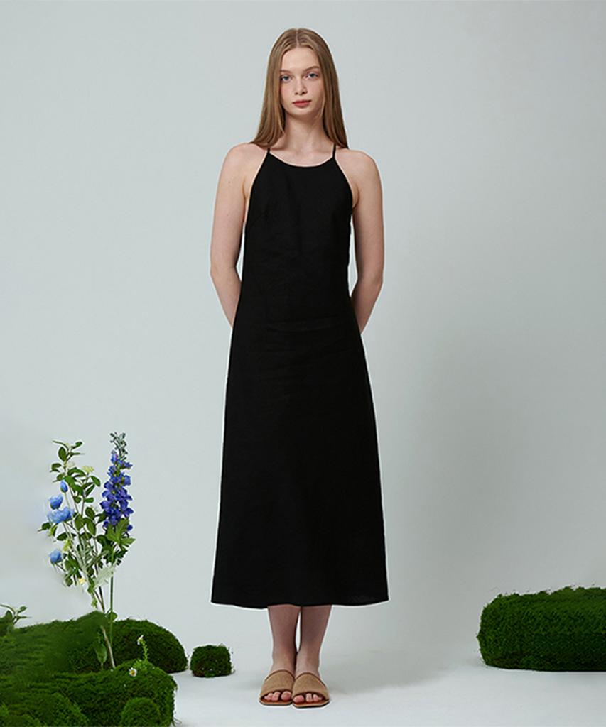Pin Black Linen Halter Dress Black