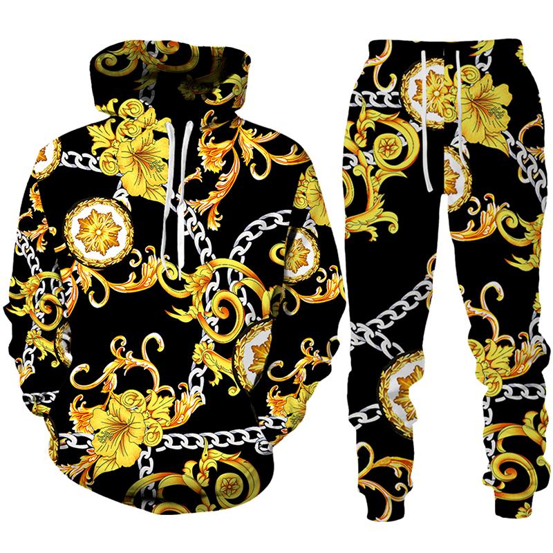 Luxury Golden Floral Print Men's 2 Piece Outfit Retro Baroque Pattern Hoodie/Pants/Set Hip Hop Streetwear Men/Women Jogging Suit