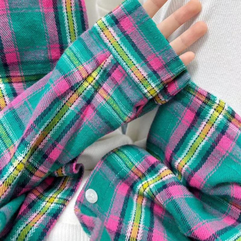 Frühling und Herbst Polokragen Damenhemd Lose lässige karierte Blusas Übergroße Strickjacke Damen Korean Edition Bluse