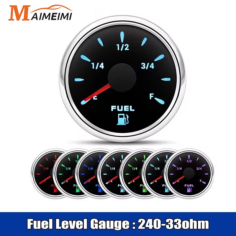 52MM 0-190Ohm Fuel Level Gauge with 7 Color Light 240-33Ohm Oil Tank Level Meter Indicator Fuel Gauge for Car Marine RV 12V 24V