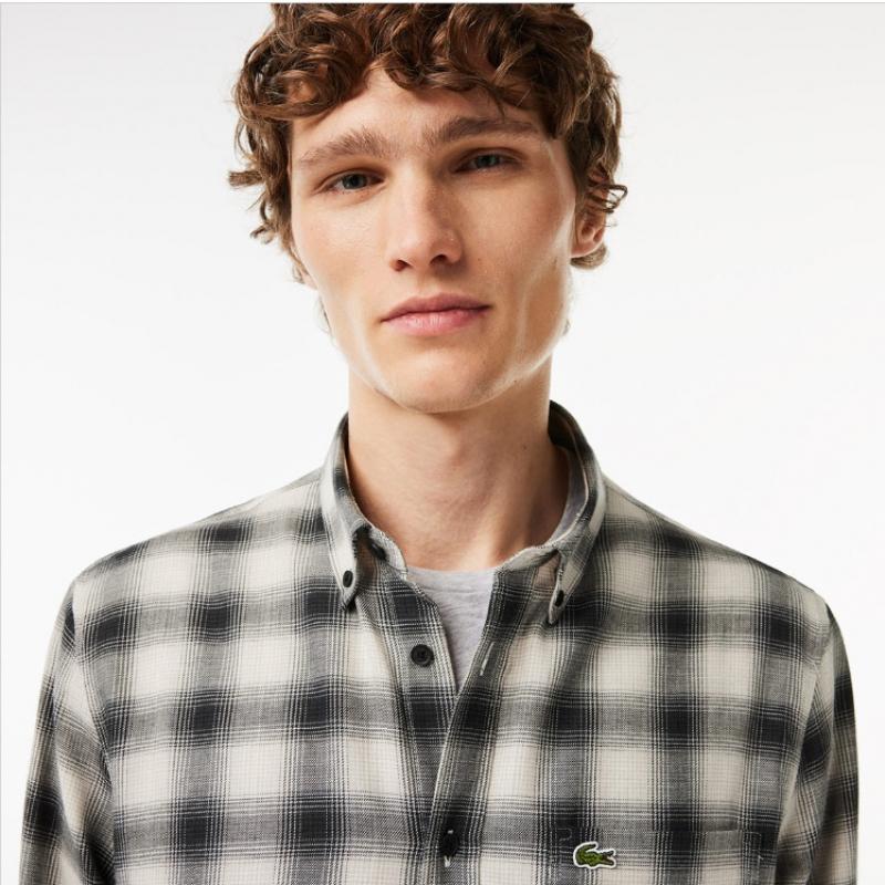 LACOSTE Men s Wool Cotton Blend Flannel Shirt [Gray]