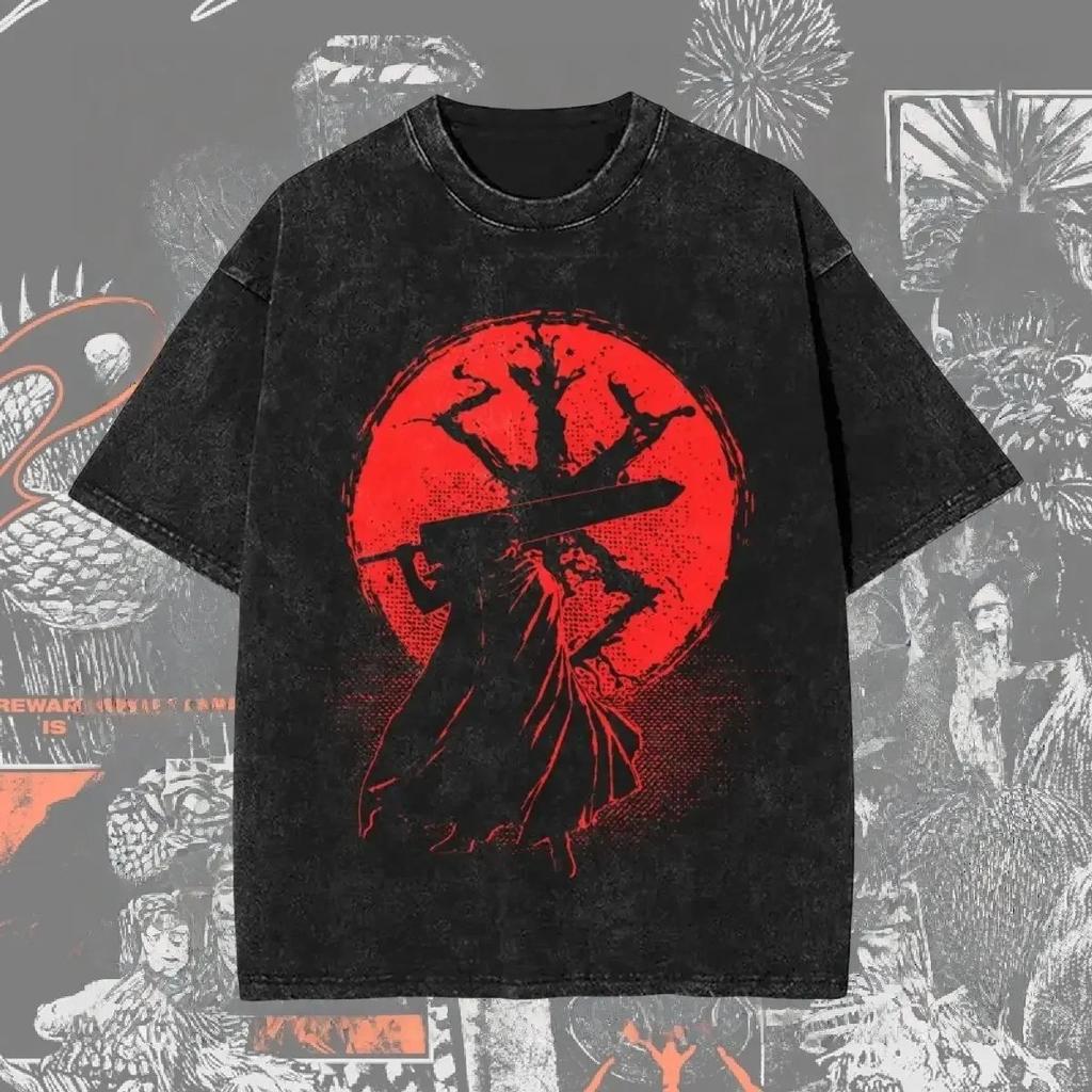 Berserk Skull Knight "Shadow of the World" Vintage Washed Oversized Black T-Shirt | Dark Fantasy Manga Fan Unisex Streetwear Tee