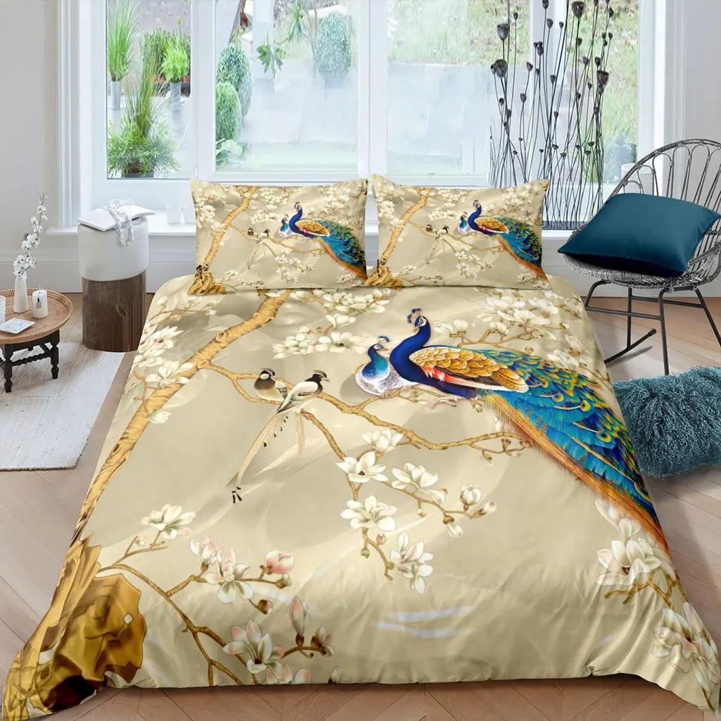 Pauw Dekbedovertrek Set Kingsize Bloemenpatroon Beddengoedset Retro Pauwenveer Bloementhema Dekbedovertrek Luxe Quiltset