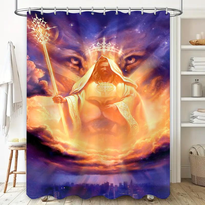 Godly Shower Curtain With Spiritual Design For Bathroom Decorations Blue Clouds Rays Lighting