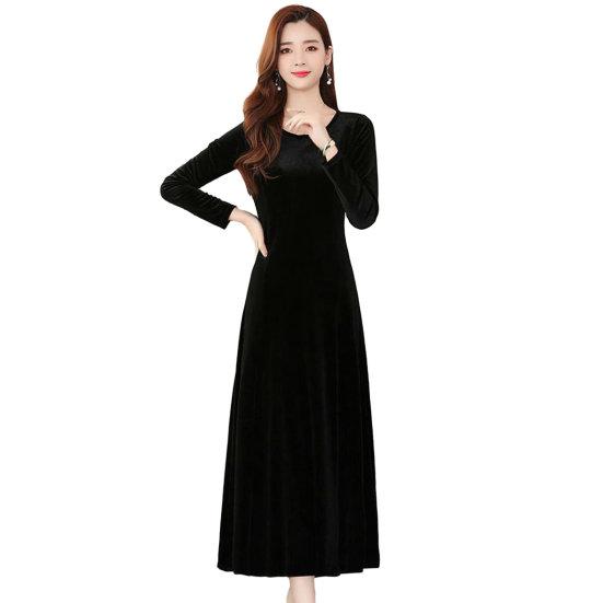 Women Dress Big Swing Solid Long Sleeve Color Round Neck A-line Soft Warm Thick Pullover Lady Prom Party