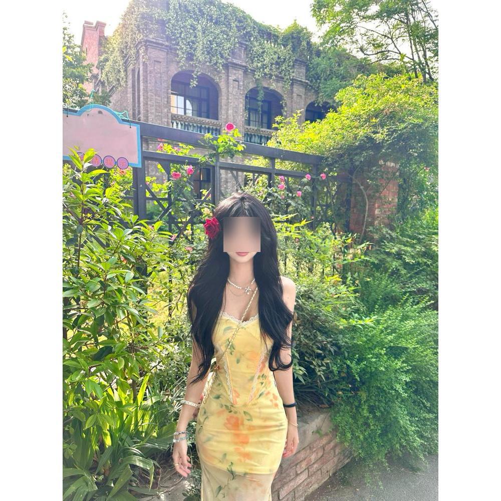 Island Beautiful Dopamine Wear with Yellow Floral Sweet Spicy Wind Lace Splicing Mesh Dress Dress Women's Summer