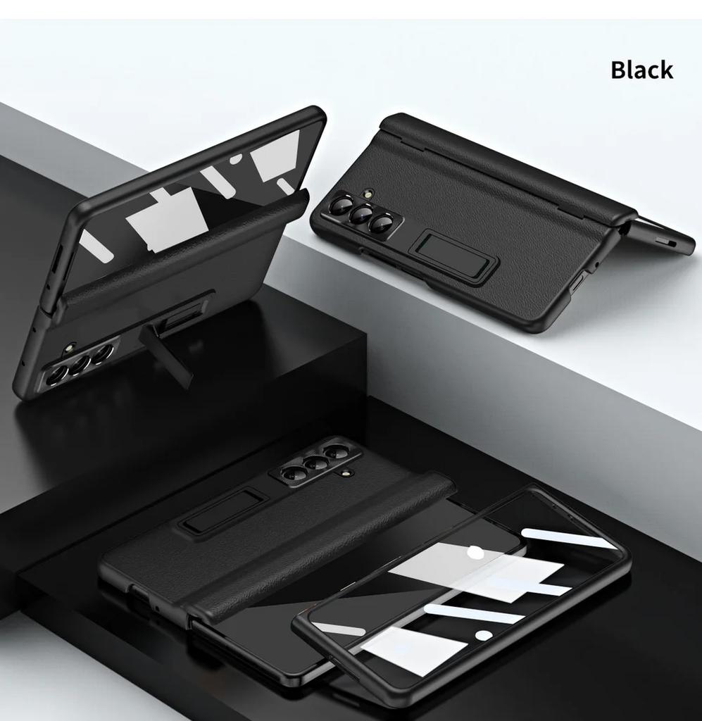 Capa de Celular com Película de Vidro Temperado, Suporte Invisível Ajustável, Estilo Executivo de Luxo para Samsung Galaxy Z Fold 7 6 5 4 3, Protege a Tampa Traseira