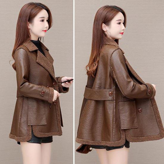 Autumn Winter Women Jacket Thickened Fleece Faux Leather Patchwork Dual-sided Reversible Mid Length Plus Size Pockets Double-breasted Notch Collar