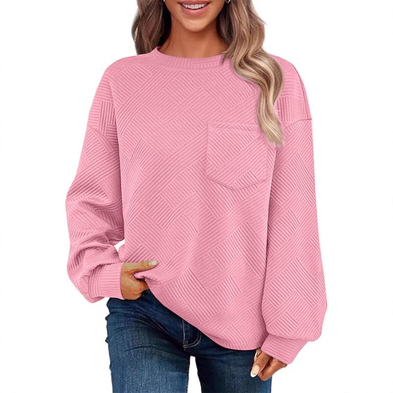 Women's Knit Jacquard Long Sleeve Crew Neck Chest Pocket Sweatshirt Casual Fashion Loose Versatile Pullover Hoodie