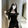 Black Irregular Dress Women's Ruffle Edge 2026 Summer New One-word Shoulder Sexy Skirt Women's Waist