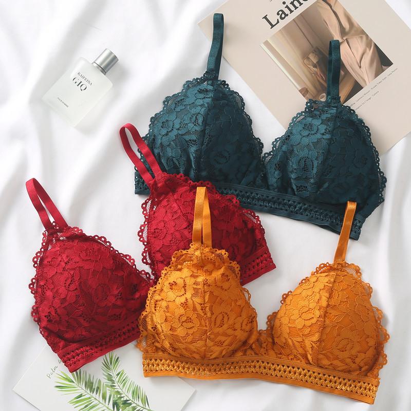 Dámská Krajková podprsenka Bezdrátová Bralette Sexy spodní prádlo Dámská Podprsenka Tenké bezdrátové spodní prádlo Deep V Push Up podprsenky pro ženy