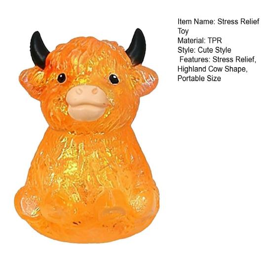 Glitter Highland Cow Squeeze Toy Slow Rising Clear Cattle Stress Ball Anti-anxiety Soft Animal Shape Home Office Desk Fidget Toy