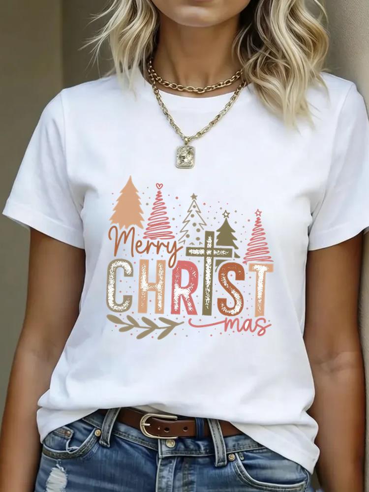(Asian Size) truck cute Merry Christmas Women's Top Short Sleeve T-shirts O-neck T Shirt Print Fashion Casual New Year Clothing Graphic Tee