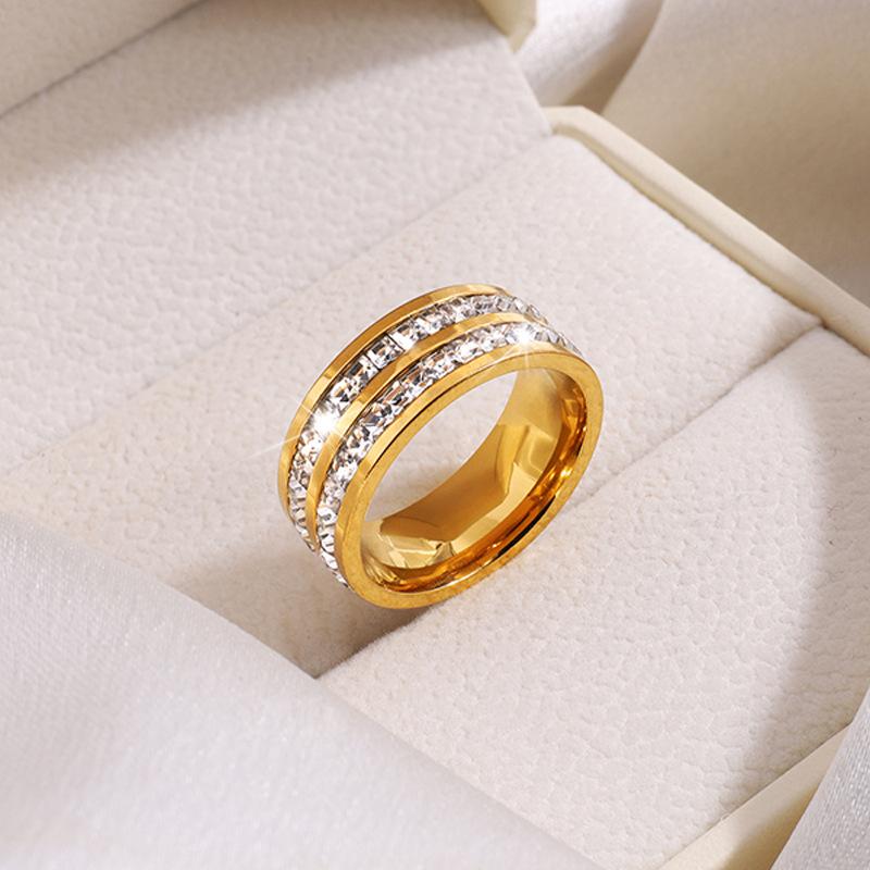Stainless Steel Double-row Small Square-cut Diamond Ring - Fashionable and Luxurious Full-set Star End Ring for Women, Versatile Finger Ring