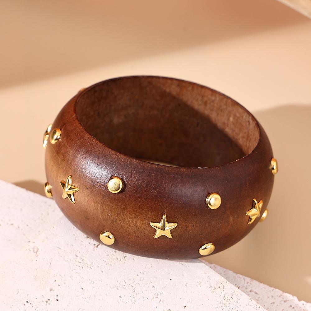 Exaggerated Natural Wooden Square Round Resin Bracelets for Women Men Hip Hop Rivet Beads Wide Bangles Hand Jewelry