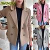 IHUASU Jaqueta Casual Vintage Feminina Cor Sólida Estampa Outono Inverno Manga Longa Gola Polo Designs Internacionais & Casacos