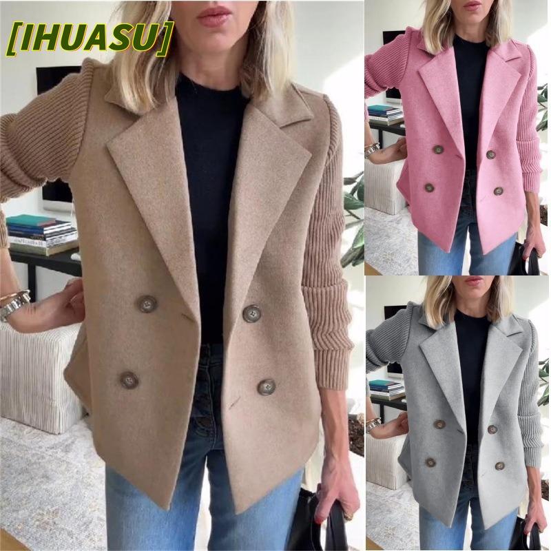 IHUASU Jaqueta Casual Vintage Feminina Cor Sólida Estampa Outono Inverno Manga Longa Gola Polo Designs Internacionais & Casacos