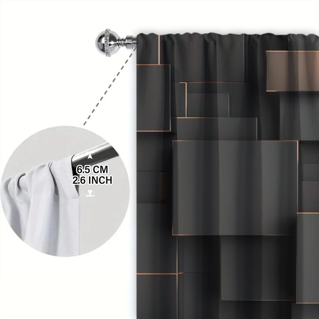 2pcs 3D Black Rectangular Formation Printed Curtain for Home Decor - Rod Pocket Window Treatment for Bedroom, Office, Kitchen
