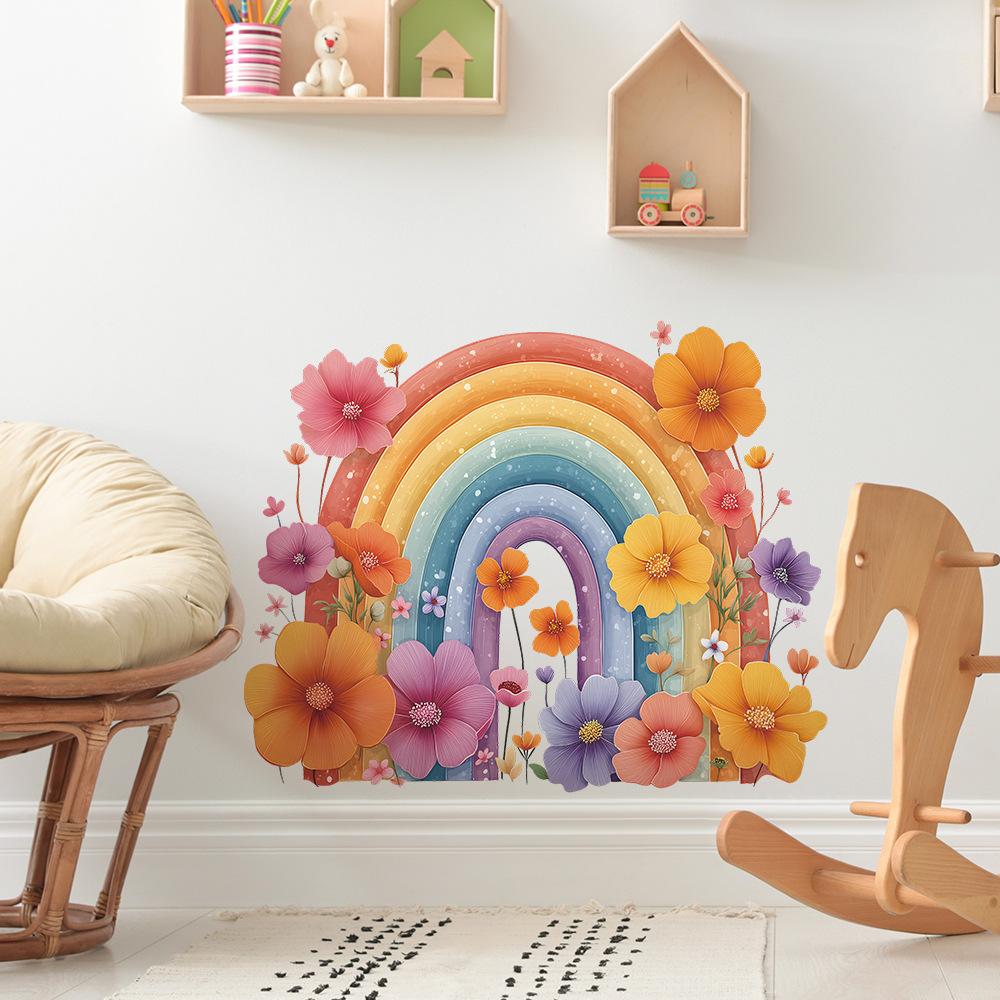 Watercolor Rainbow Floral Wall Sticker Elegant Whimsical Self-Adhesive Removable Decor for Entryway Bedroom Home Decor
