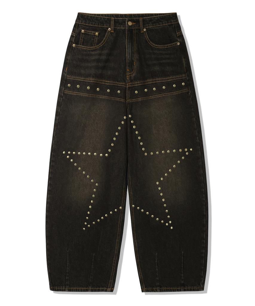 TRILLION Star Hot Fix Balloon Fit Washed Denim Pants_3Color