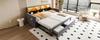 Uittrekbare Gestoffeerde Bankbed 90/180 x 190 cm, Hoofdbord met Opbergruimte, LED-strip, Oplaadpunten, Twee Lades, Lattenbodem, Velours Donkergrijs