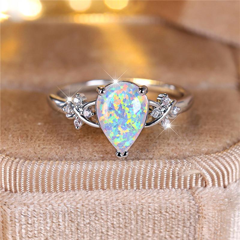 Luxury Female White Fire Opal Stone Engagement Ring Trendy Silver Color Water Drop Wedding  Gift For Women