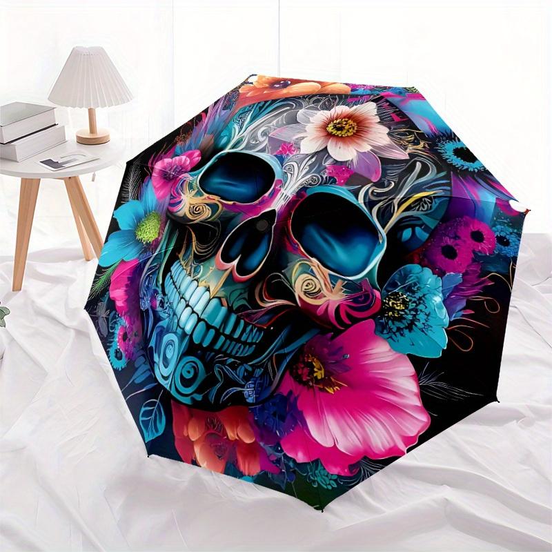 1pc Skull Flowers Automatic Open/Close Umbrella, Portable Folding Umbrella for Travel, Themed Events,