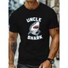 European Size 1pc Men'S Uncle Shark Graphic T-Shirt - Casual Crew Neck Short Sleeve Tee, Cotton Knit Fabric with Slight Stretch, Geometric Pattern