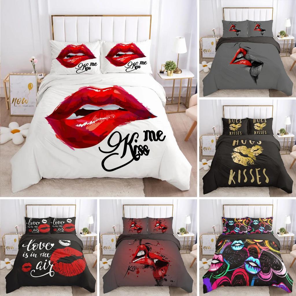 Red Lip Love Sexy Theme Kiss Marks Comfortable Duvet Quilt Cover Pillowcase Bedding Set Children Bedroom Decoration Home Textile