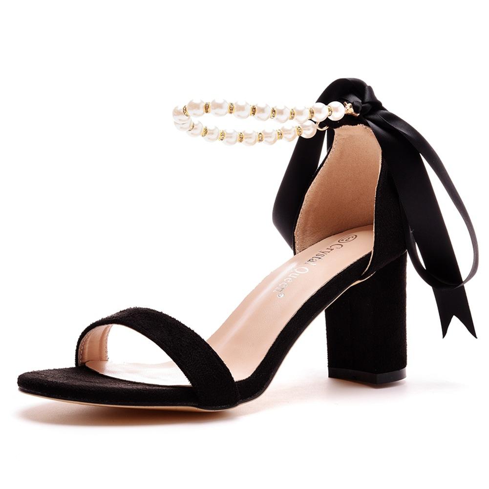 7cm Thick Heel Shallow Mouth One-length Strip Suede Sandals Round Toe Square Root Sandals Beaded Streamers Summer Sandals for Women