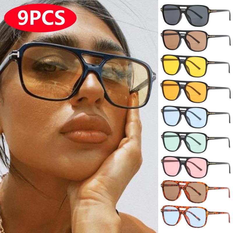 9pcs/4pcs Double Bridge Sun Eyeglasses Oversize Candy Color Goggles Women Classic Stylish Oval Shape Pilot Sunglasses UV400 Oculos Glasses De Sol