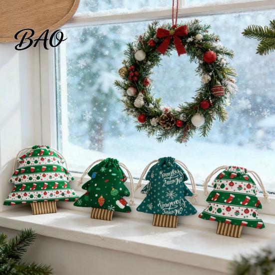 Christmas Party Favors Tree Shaped Gift Bags with Drawstring, Reusable Holiday Fabric Bags, Decorations Winter Goodie Storage Pouches for Present