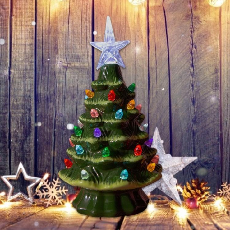Decorative Miniature Christmas Tree with Lights Battery Operated Ceramic Desktop Lamp Festival Tabletop Decoration