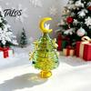 Miniature Holiday Desk Decoration Glazed Christmas Tree Figurine with Star Moon Decor, Glass Rotating Decorative Wire Wrapped Mini Tabletop Ornament,