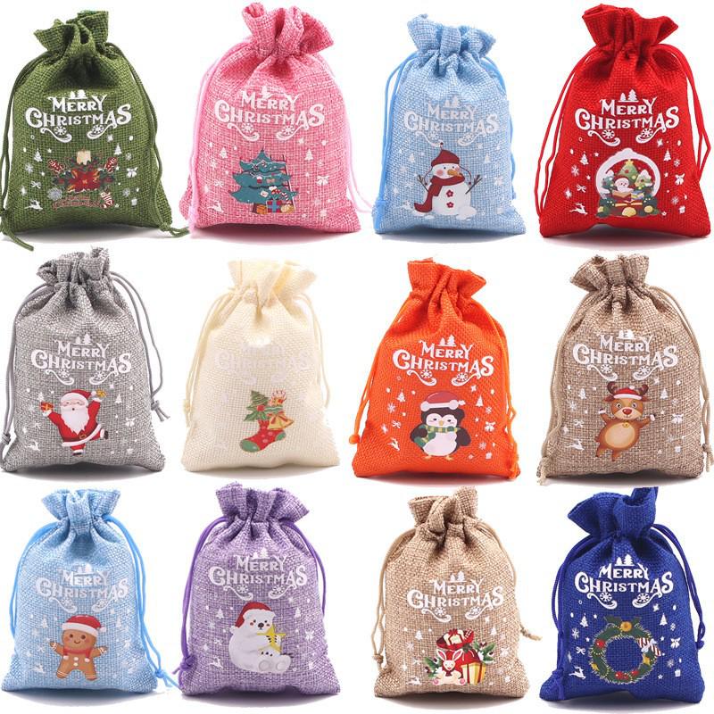 Christmas Hessian Gift Bags with Drawstring for Small Gifts, Candy & Apples