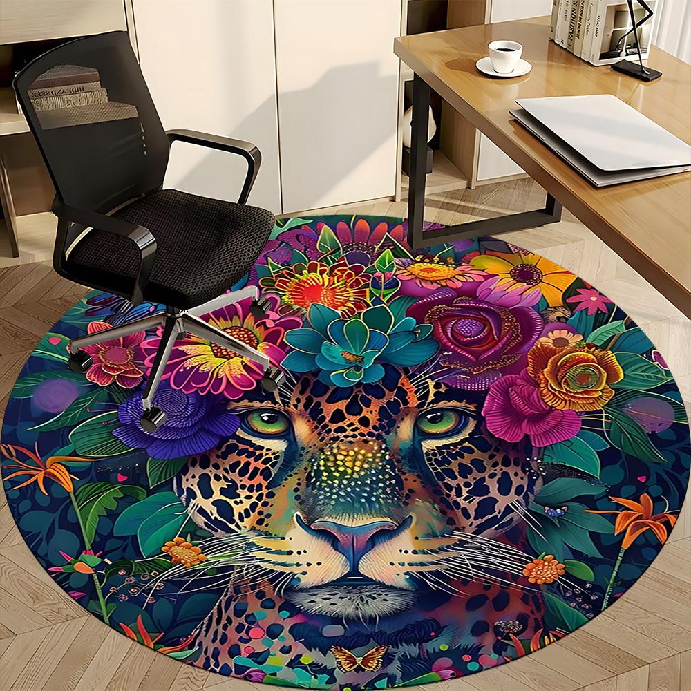 1pc Floral Leopard Print Chair Carpet for Office, Round Non Slip Durable Large Size Office Carpet, Suitable for Office