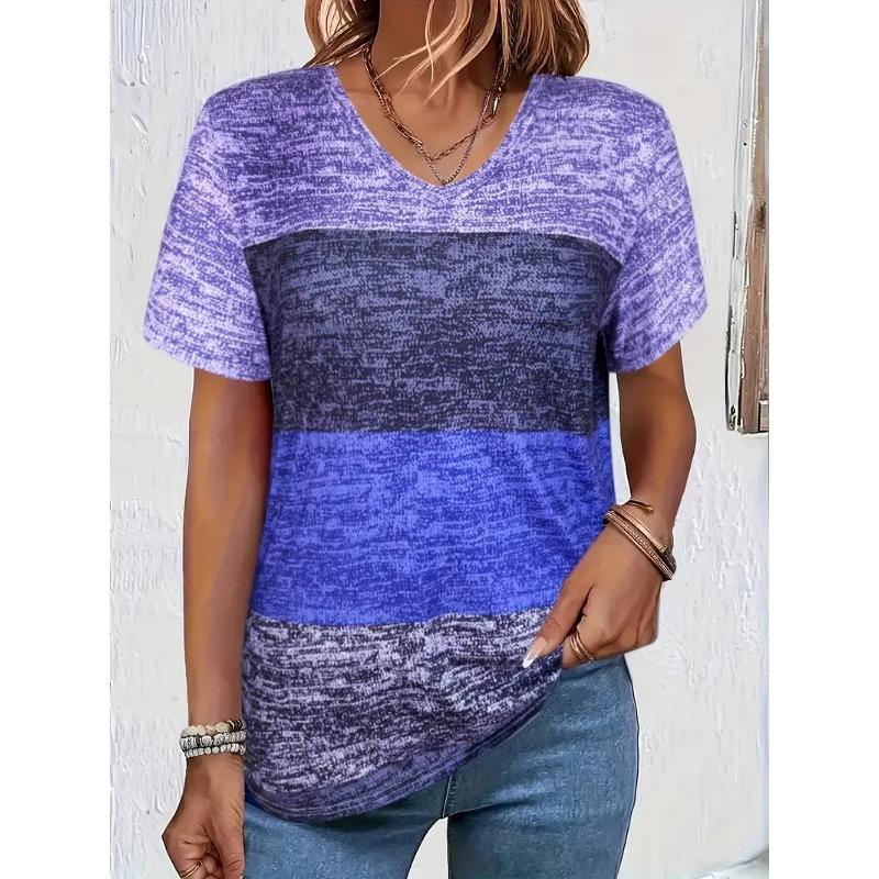 V-neck T-shirt Women's Short-sleeved Summer Fashion Trend Short-sleeved Tops Stripes Versatile Oversize Loose Ladies Clothing