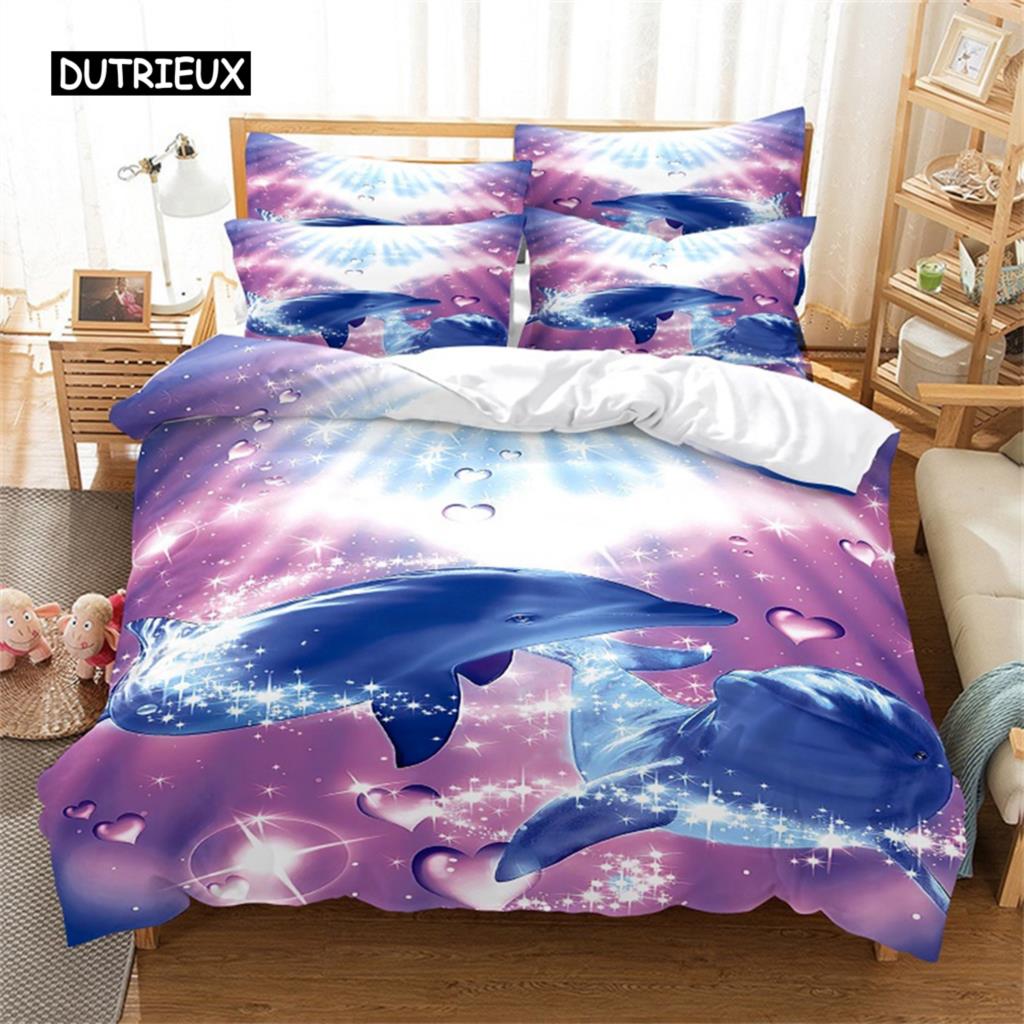 Lovely Dolphin Quilt Cover Blue Ocean Sea Animal Bed Ensemble Queen Dimension King Dimension Size Comforter Cover for Women Girls Bedroom Decoration