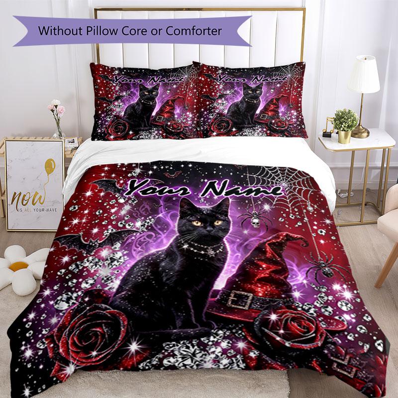 3-delige Custom Naam Gotische Kat Rozen Beddengoed Set Beddengoed Set met Print Dekbedovertrek Sluiting Bevat 1 Dekbedovertrek & 2 Kussenslopen voor Alle Seizoenen Slaapkamer