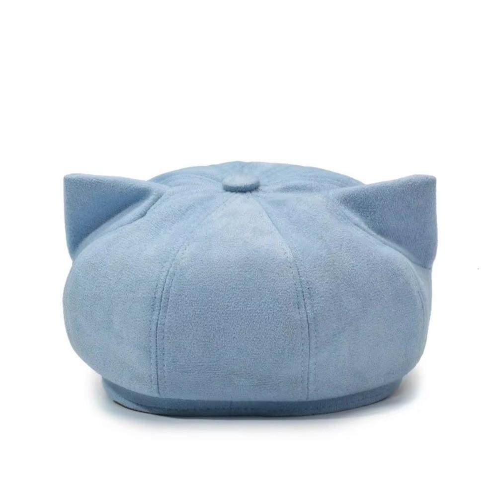 Warm Lining Cat Ear Beret Solid Color Octagonal Hat New Newsboy Cap  Women