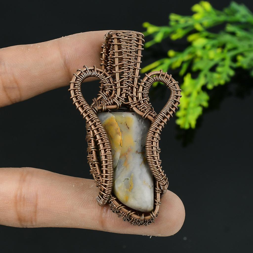 Natural Bumblebee Jasper Gemstone Handmade Copper Wire Wrap Pendant 2.75 Q0s02