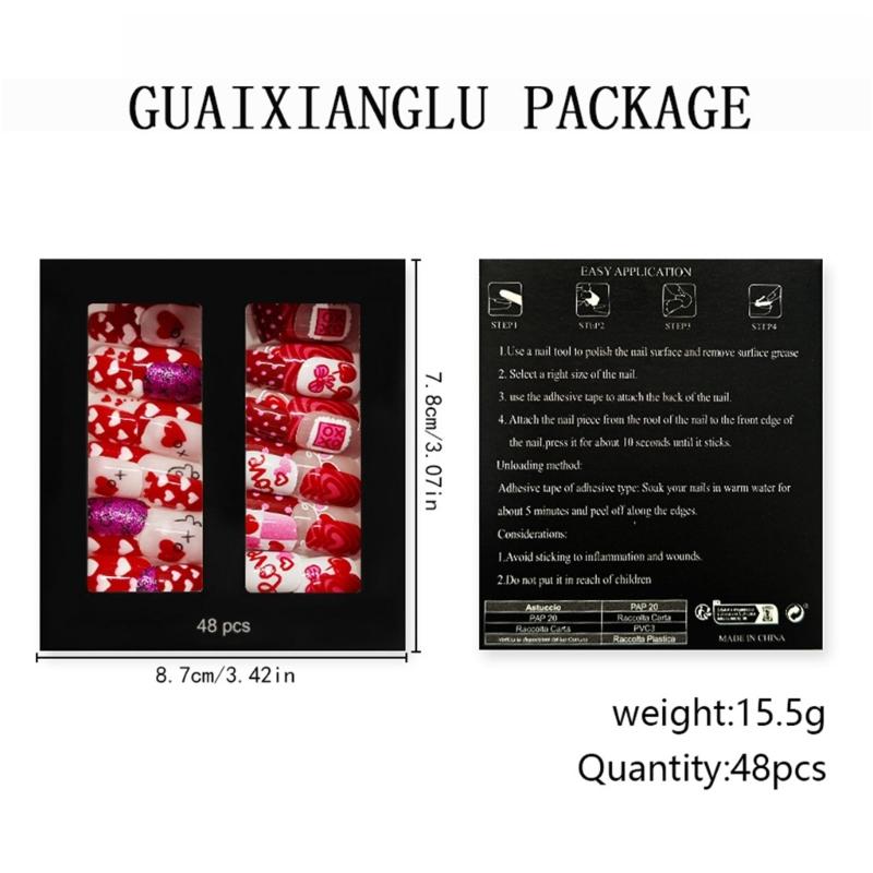 48Pcs False Nail Pink Heart Cherries Blossom Glitters Pattern Romantics Theme Easy to Apply for Parties Daily Use