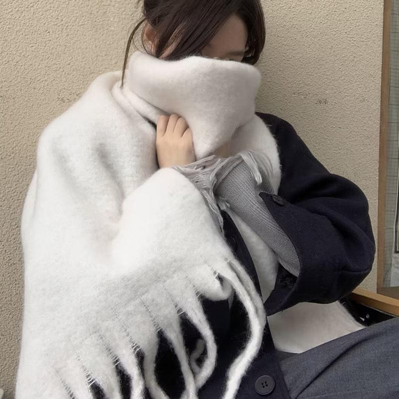 White Mohair Solid Color Scarf Girls Korean Autumn and Winter New Soft Waxy Warm Extended Scarf Shawl