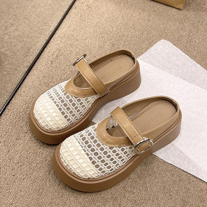 Thick-soled Bag Head Half Slippers Women's Outer Wear 2025 New Summer Fashion Breathable Mesh Slippers Muffin Sole Height-increasing Shoes