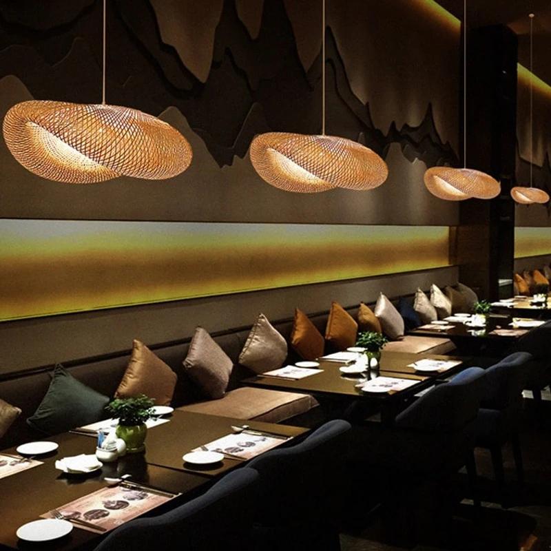 Retro Bamboo Weaving Chandelier Lamp Hanging LED Ceiling Light Wicker Fixtures Rattan Woven Droplight for Home Bedroom Decors