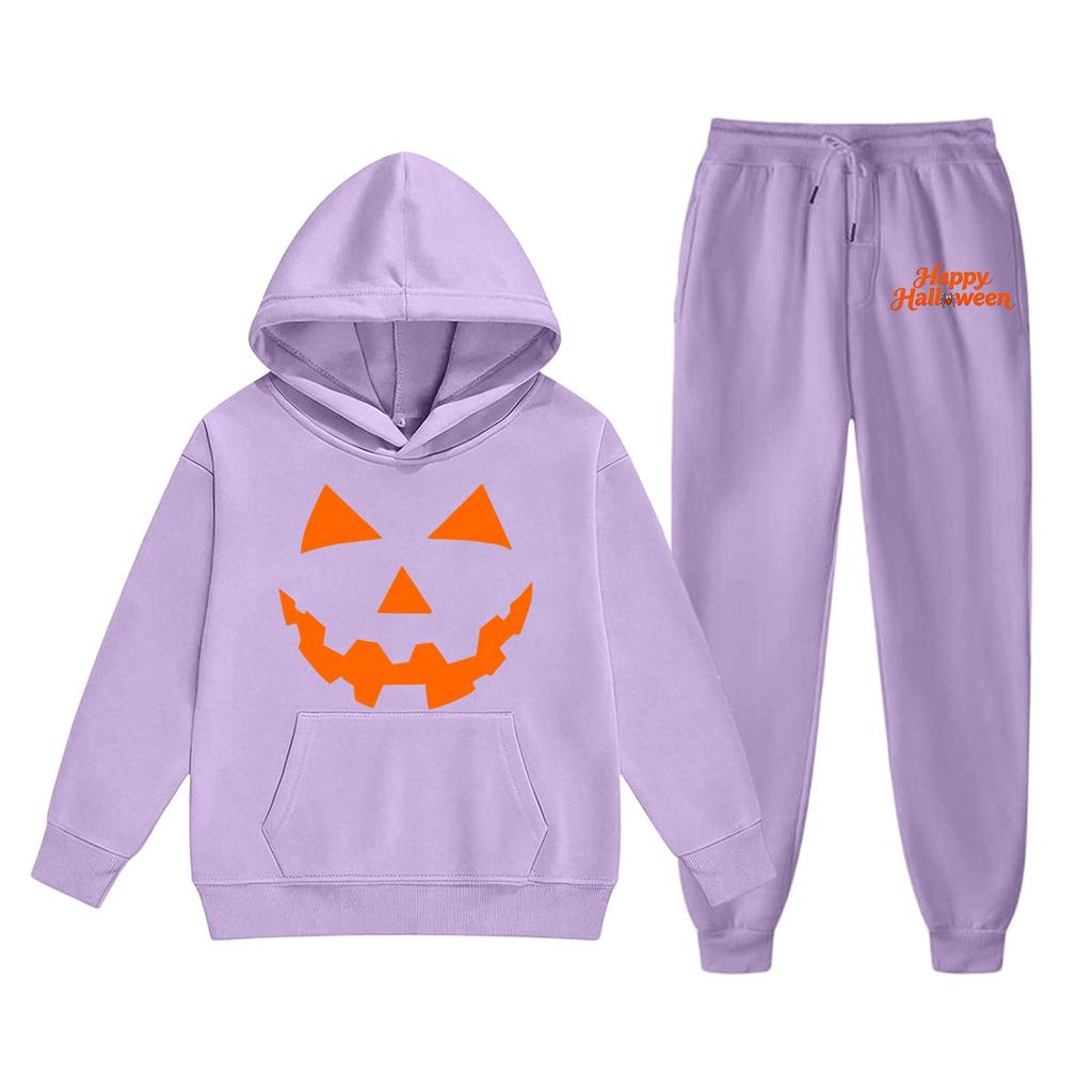 Kids Hoodie and Sweatpants Set with Halloween Print for Holiday Wear