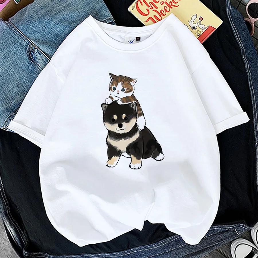 Μπλουζάκι με μπλουζάκι Γυναικείο 2024 Kawaii Cat Shark T-shirt Καλοκαιρινό κοντομάνικο μπλουζάκι μόδας της Κορέας Harajuku Αστείο γραφικό μπλουζάκι με ζώα
