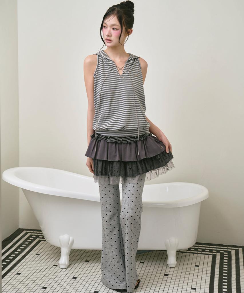 THE GREEN LAB Striped Glam Hooded Sleeveless Top [Light Gray]